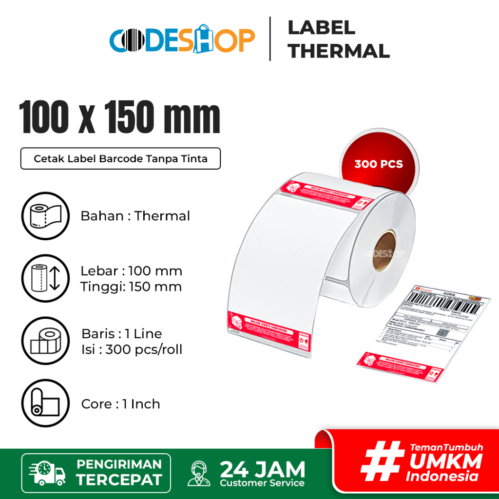 

Codeshop Label Thermal 100x150 mm Resi Pengiriman isi 300 Pcs Stiker