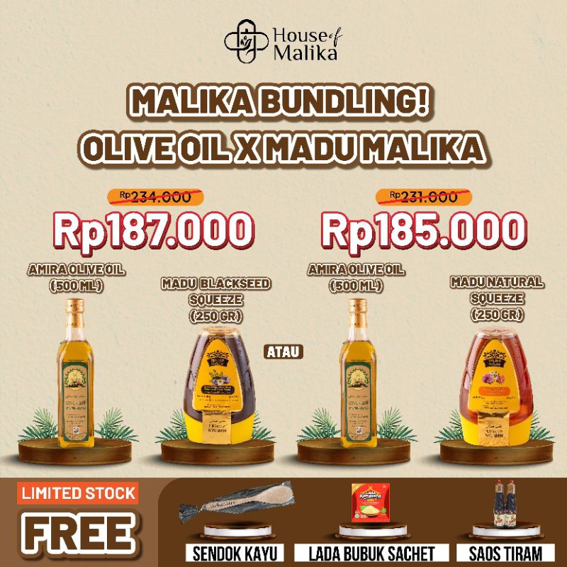 

BUNDLING PAKET HEMAT Amira Extra Virgin Olive Oil 500ml & Madu Malika Squeez 250gr