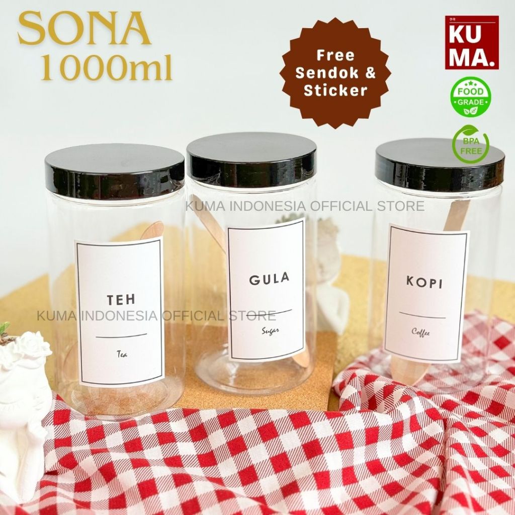 KUMA Sona 1000ml Tutup Hitam Toples Bahan Plastik Food Grade Free Stiker