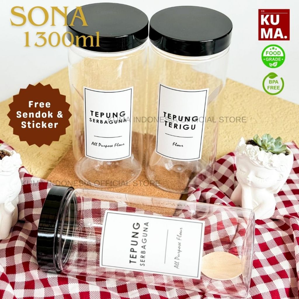 KUMA Sona 1300ml Tutup Hitam Toples Bahan Plastik Food Grade Free Stiker