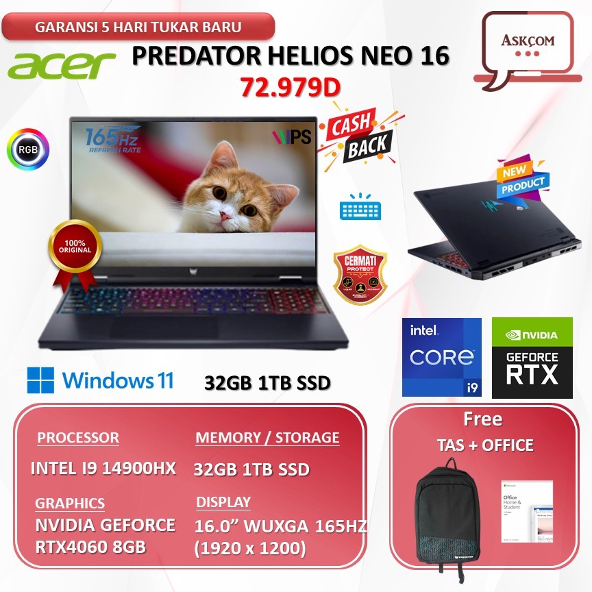 Acer Predator Helios Neo 16 I9 14900HX RTX4060 8GB | 32GB 1TB SSD W11 OHS21 16.0WQXGA 180HZ 72.93X3