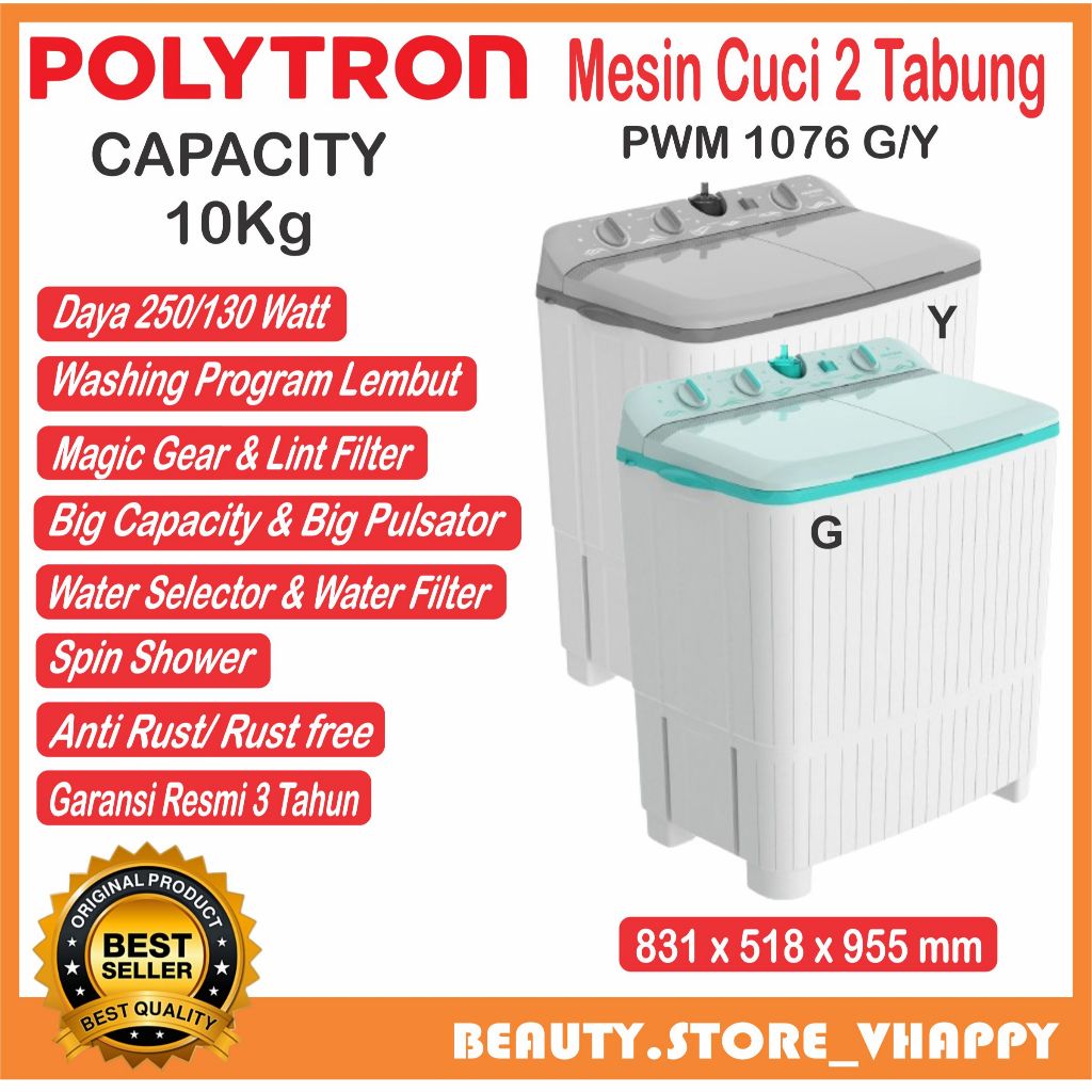 MESIN CUCI 2 TABUNG POLITRON 10 KG PWM 1076 GARANSI RESMI KHUSUS AREA BANDUNG