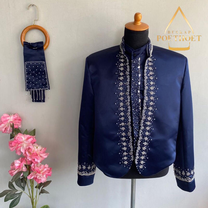 beskap jawa solo pengantin bridal biru navy payet silver dongker belakang pendek krowak