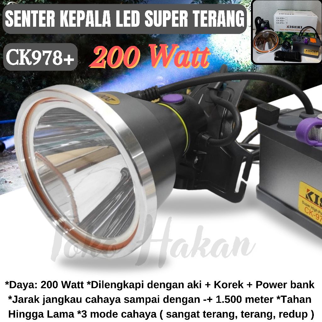 Senter Kepala Cas 200W KISEKI CK978+ Tahan Lama Dilengkapi Dengan Power Bank + Korek Api | Senter Ke