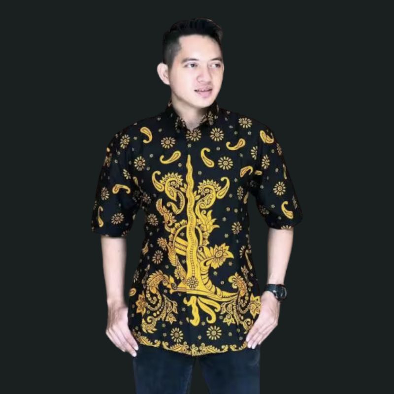 Batik Pria PREMIUM Lengan Pendek  PUSAKA KERIS EMAS Premium Full Furing Reguler Fit Bahan Katun Prem
