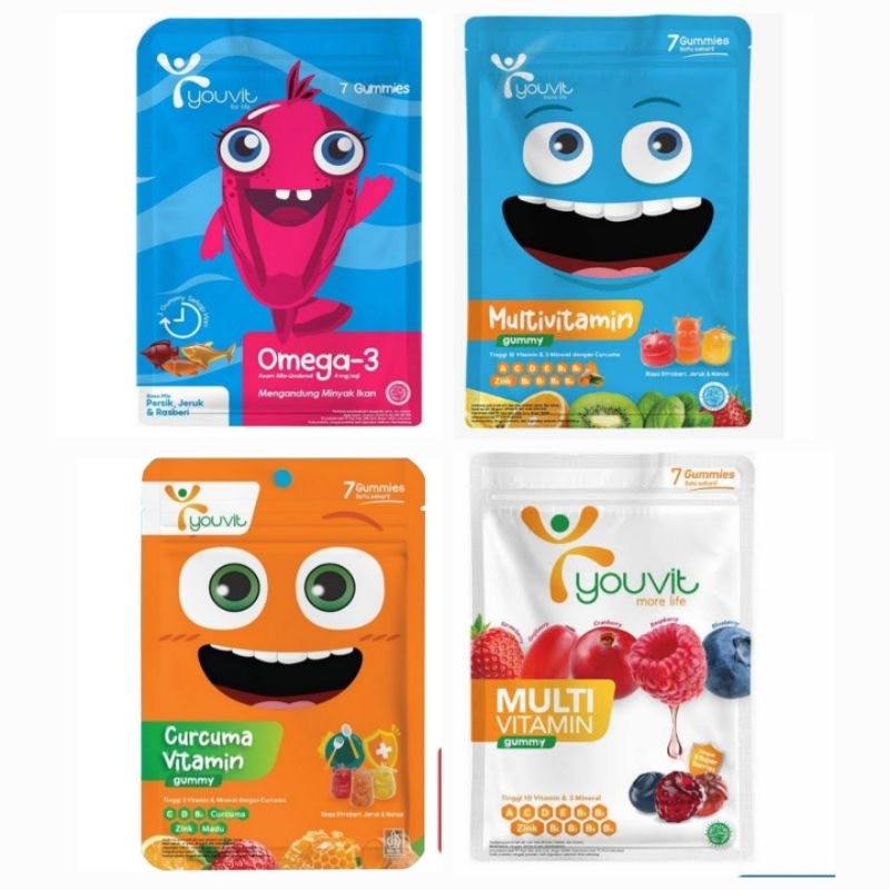 Youvit 7HR Omega Multivitamin Anak Dewasa Gummy Vit C D E Zinc Mata A Imunitas Curcuma B12 Zinc Madu