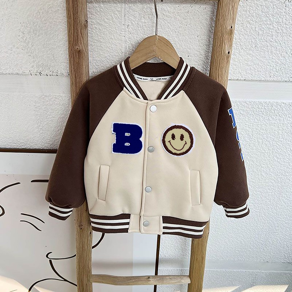 Jaket Bomber Varsity Baseball Anak Inisial B SMILE BEIGE COKLAT ( BISA CUSTOM INISIAL WARNA SABLON B