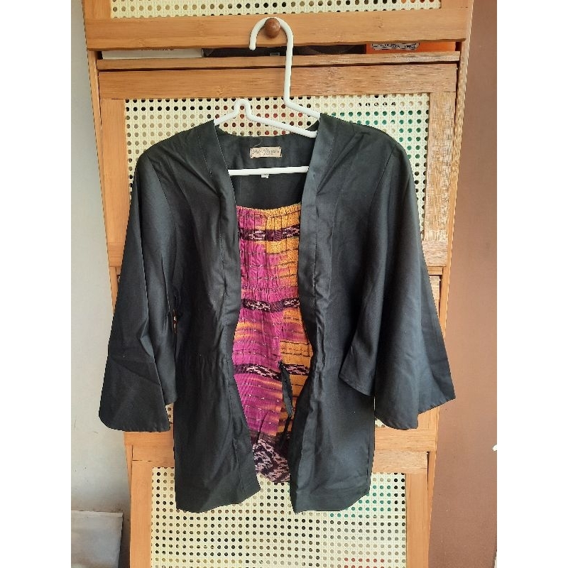 preloved blus combi tenun lurik lengan lonceng