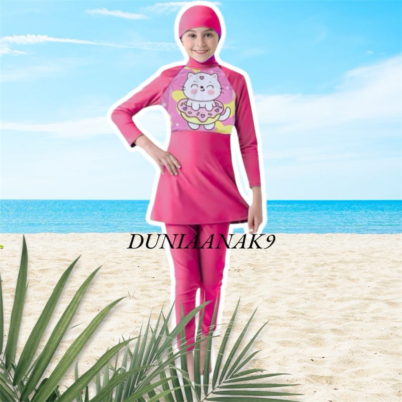 duniaanak9 Baju Renang Anak Perempuan Muslim Hijab Cat Kucing Lucu 0-12 Tahun