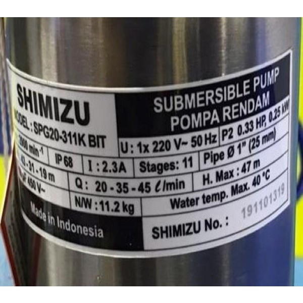 Pompa Submersible Shimizu SPG 20 311 K + Kabel 40 meter Shimizu SPG20-311K BIT (1/3 HP + W/ CABLE 40