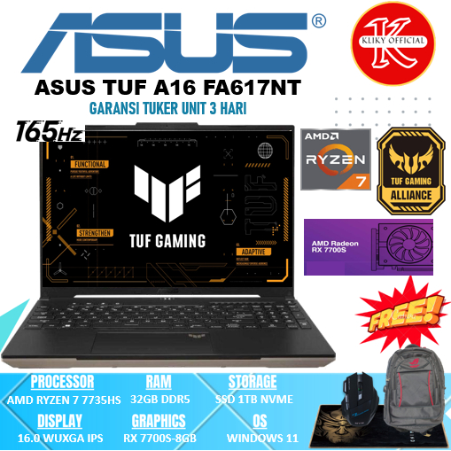 Laptop Gaming Asu TUF A16 FA617NT Advantage AMD Ryzen 7 7735HS Ram 32GB Ssd 1 TB Radeon RX 7700S-8GB