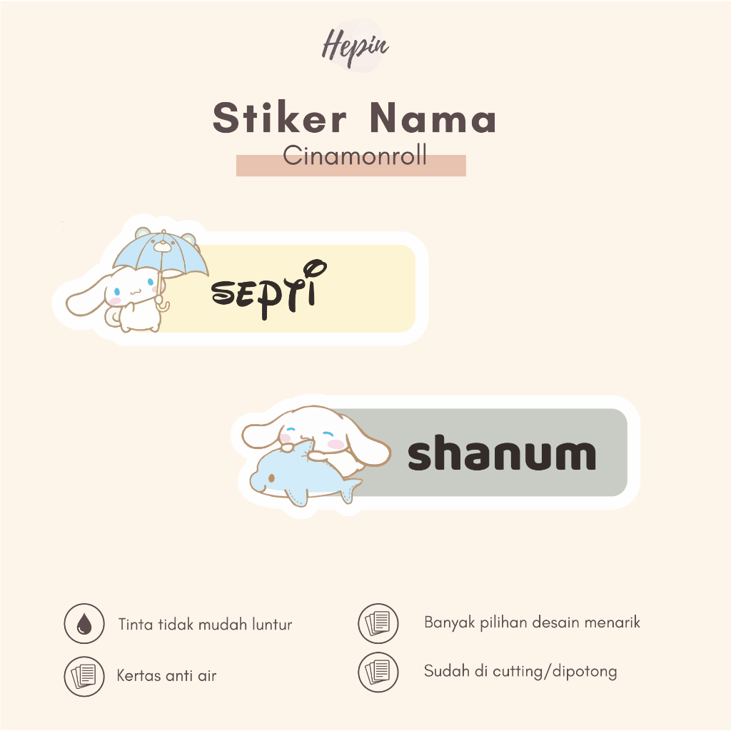 

(90 - 120 pcs) label nama Sanrio CINAMONROLL part 1/ Stiker Nama Anak Murah / Label Nama Custom/cutting stiker nama anda