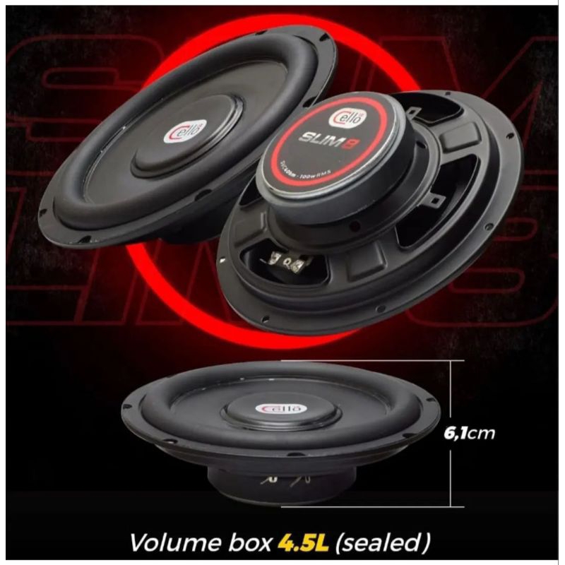 SUBWOOFER MERK CELLO SLIM8 SLIM 8 UKURAN 8 INCH MODEL SLIM TIPIS