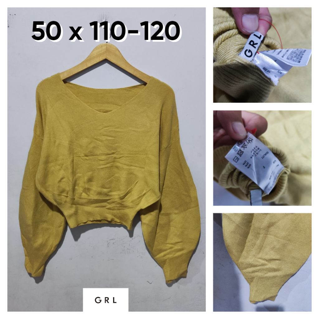 Sweater Crop GRL Kuning Gemoy Size L Wanita Atasan Cewek Outer Knit Lengan Bal0n Bahan Empuk Enak BC