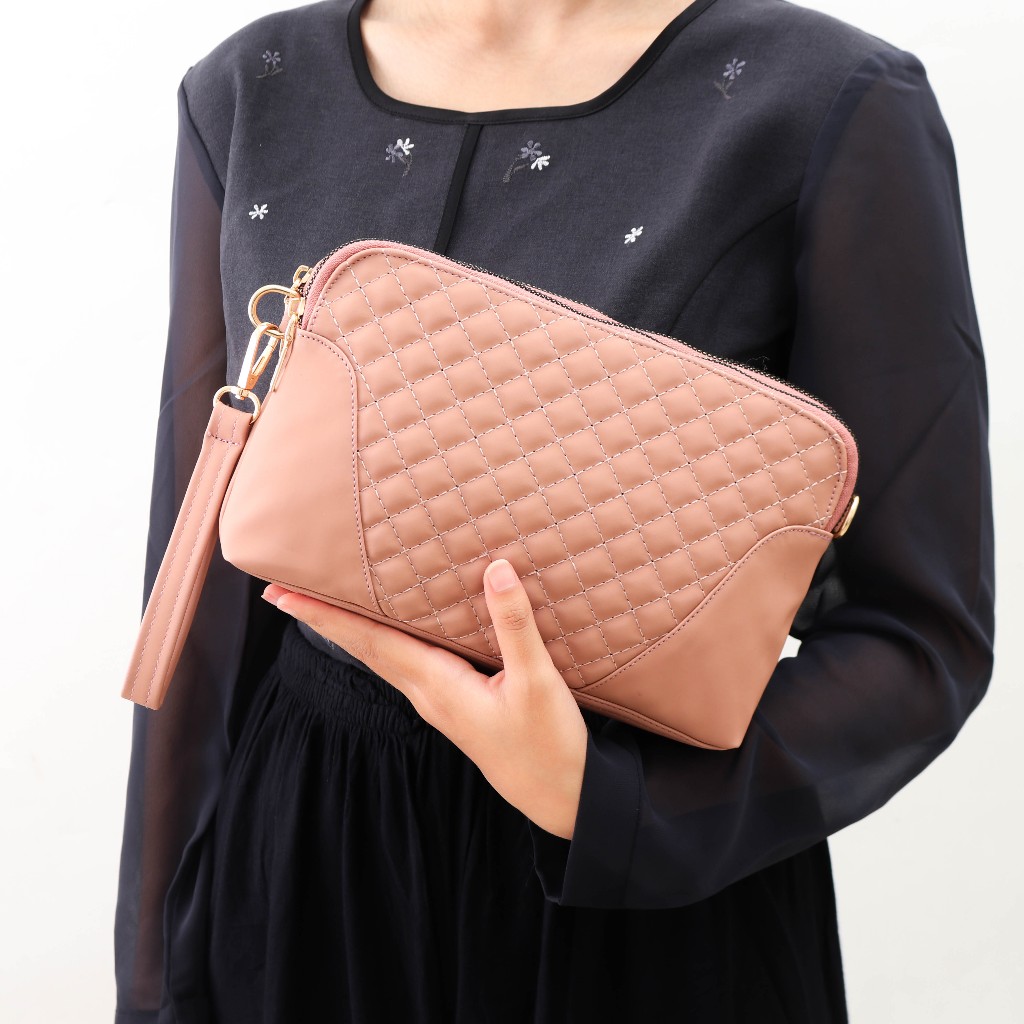 Serbatasnia - Tas Selempang Wanita Bordir Anti Air Bahan Nylon Waterproof Untuk HP Warna Hitam Cream