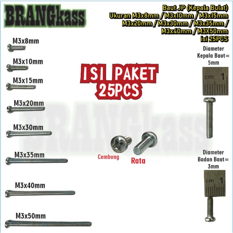 25PCS Baut JP Kepala Bulat M3x8mm / M3x10mm / M3x15mm / M3x20mm / M3x30mm / M3x35mm / M3x40mm/ M3x50