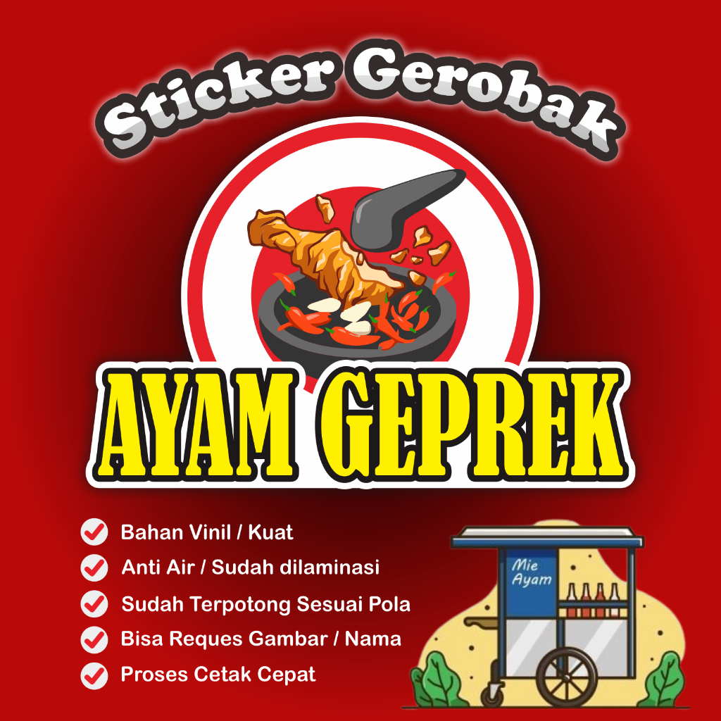 

Sticker Gerobak, Sticker Kaca, Sticker Etalase,Sticker Nama Usaha, Sticker Ayam Geprek, Sticker Custom