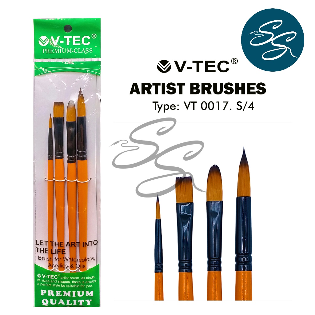 

Paint Brush Set (4 Pcs) - V-TEC SET BRUSH - VT 0017 . S/4 - Kuas Lukis 1 Set isi 4 Pcs Nylon Flat Round Filbert Brush
