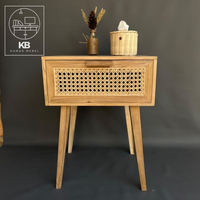 Harumi set table square - nakas 1 laci meja sudut minimalis kayu kombinasi rotan