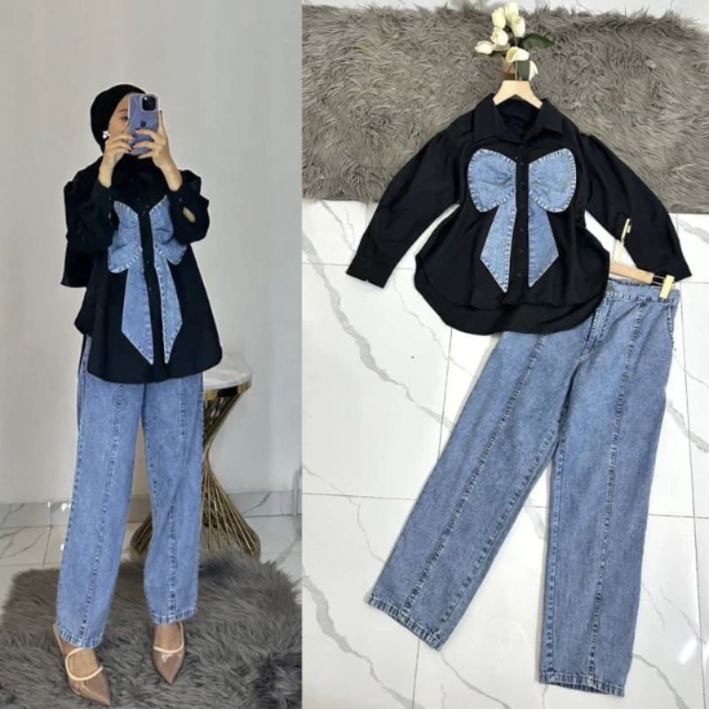 Buffi One Set Jeans Bahan Katun Toyobo Mix Jeans Terbaru Setelan Atasan