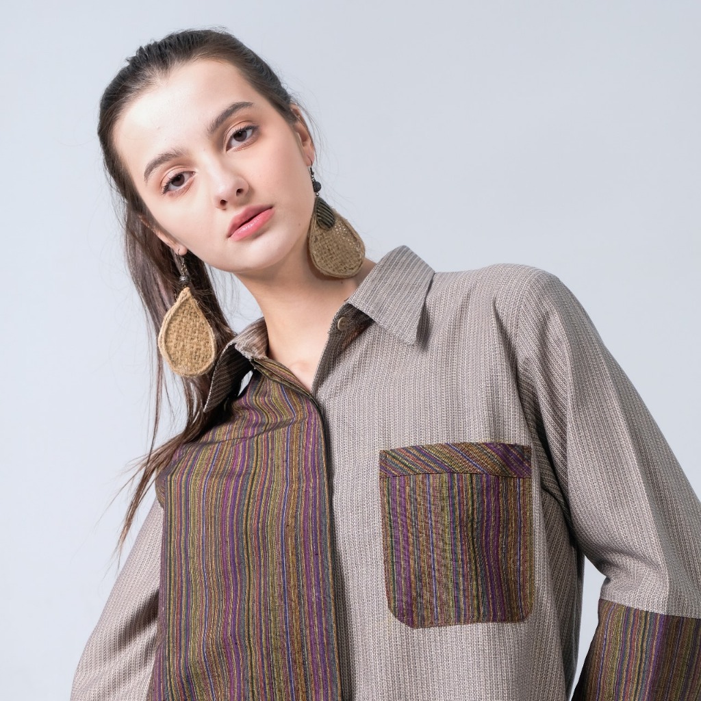 One Set Outer Tenun Kemeja Celana Kulot Wanita Santika Series Warna Coklat