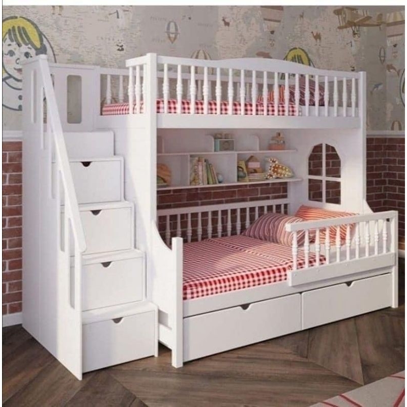 Tempat tidur tingkat 3 kasur, Ranjang anak tingkat cat duco, Ranjang susun cat duco putih,