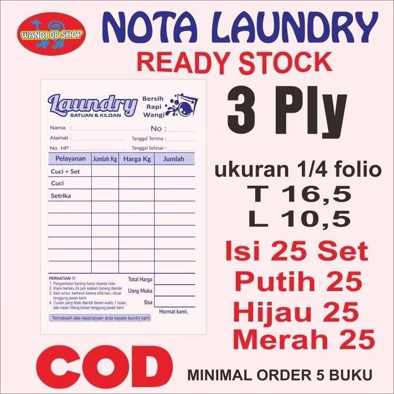 

nota laundry 3 ply ukuran 1/4 folio.16×10 cm. isi 25 set READY STOCK