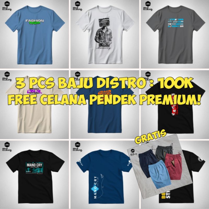 Paket 3pcs baju distro + 1 celana pendek, Baju, Kaos, t-shirt Distro Manocry Semi Katun premium