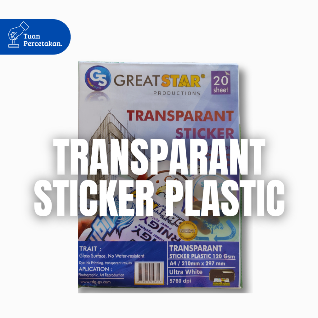 

Kertas Stiker Plastik Transparan GreatStar | Ukuran-A4(210x297)mm | Berat-120 gsm