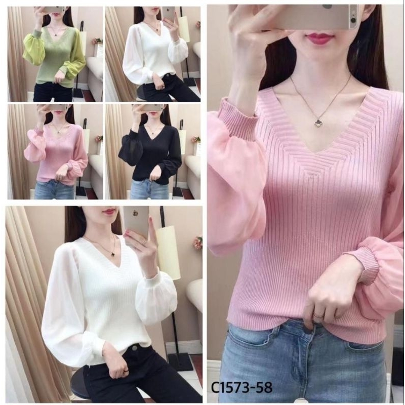 Knit Top V-Neck, Knit Top Rajut Import, Atasan Rajut, Blouse Rajut, Knit Rajut Korean Blouse