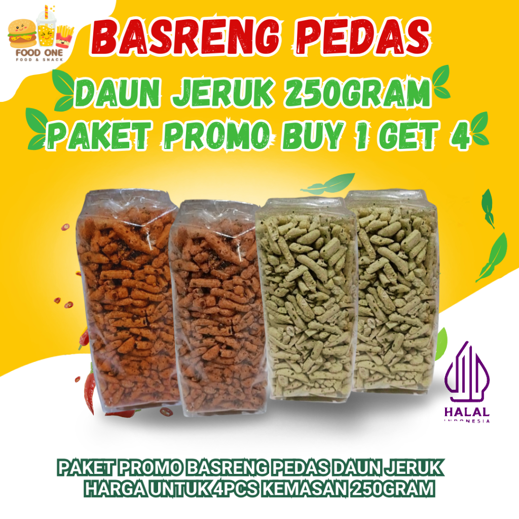 

PAKET PROMO!!! BASRENG PEDAS DAUN JERUK 250GRAM BUY 1 GET 4 CEMILAN ENAK