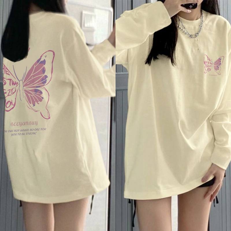 Kaos Oversize Lengan Panjang Wanita Korean Style Cute Pink Butterfly/ Baju Kaos Lengan Panjang Wanit