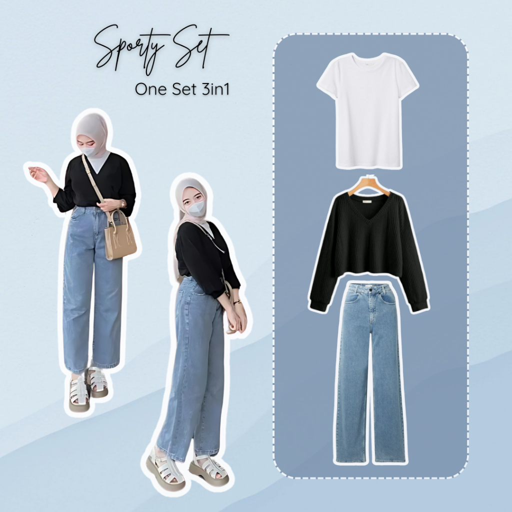 One Set 3in 1 Casual Style Premium Outfit Pinterest OOTD Hijab Wanita Outfit Study Hangout Kekinian