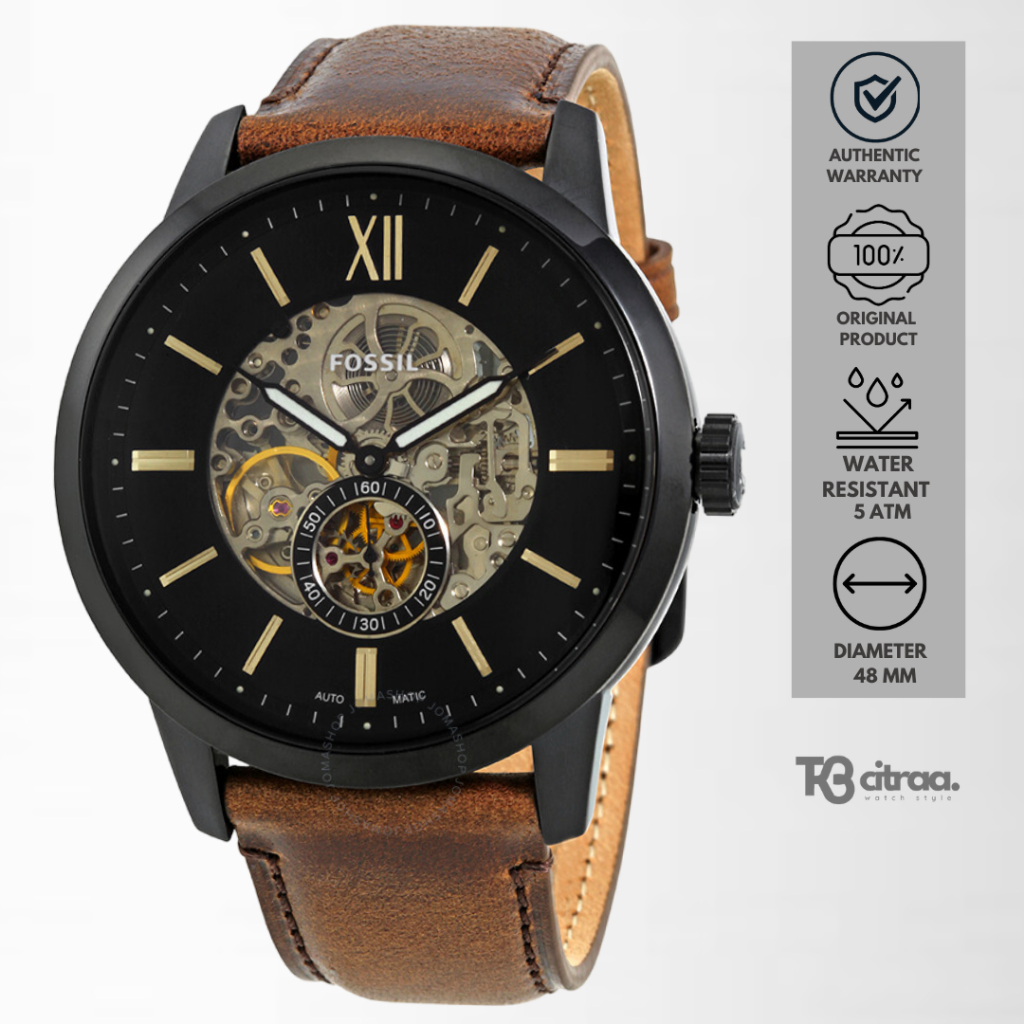 jam tangan Fossil cowok Townsman Automatic pria Men analog strap kulit Black Skeleton Dial Ion Plati