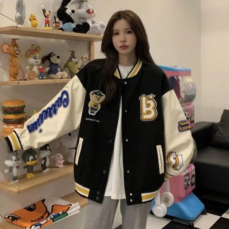 Jaket vintage varsity baseball preppy bear unisex wanita dan pria korean and japan style terbaru