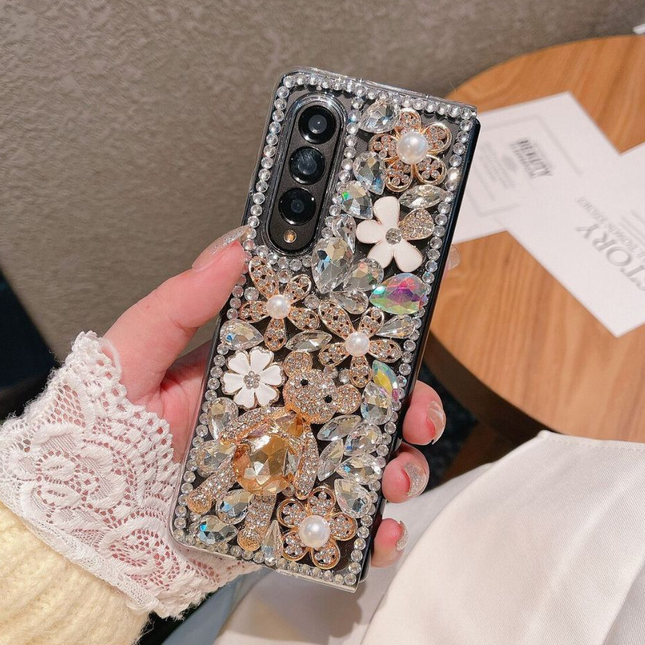 Casing Samsung Galaxy Z Fold 6 Z Fold 5 Z Fold 4 Z Fold 3 Z Fold 2 Bunga Berlian Berkilau Buatan Tan