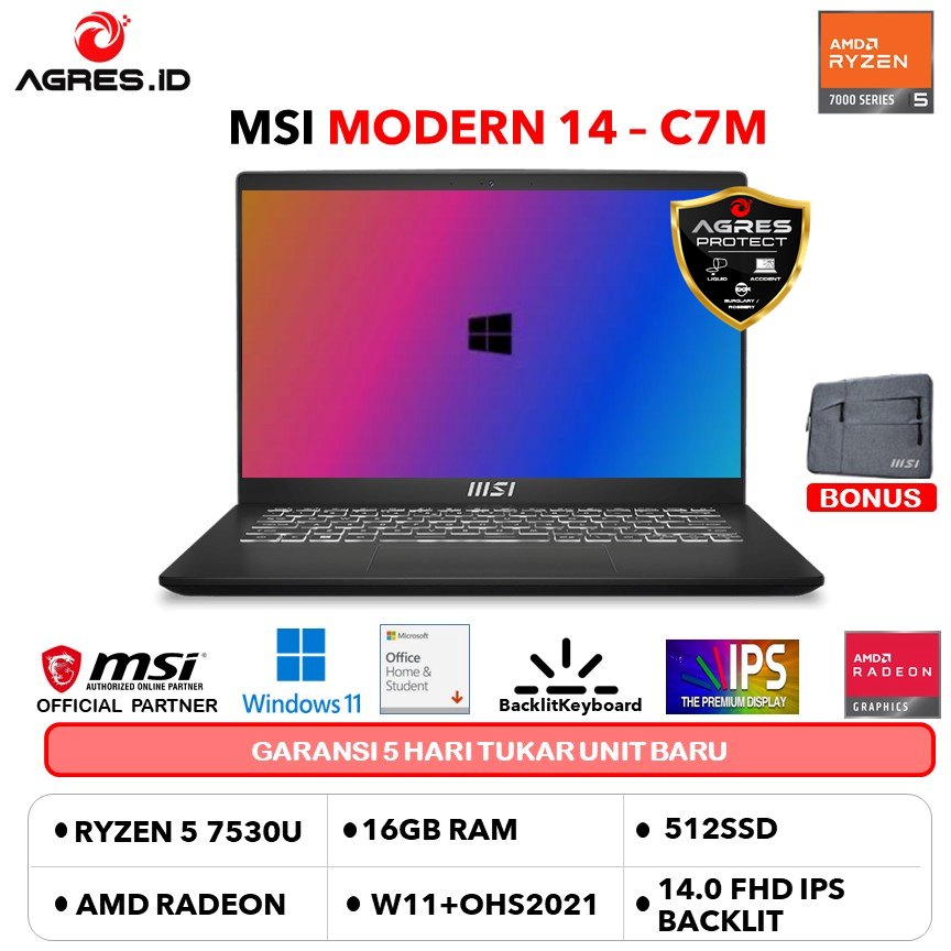 MSI MODERN 14 RYZEN 5 7430 16GB 512GB W11+OHS 14.0FHD IPS BLIT 2Y BLK -C7M.286