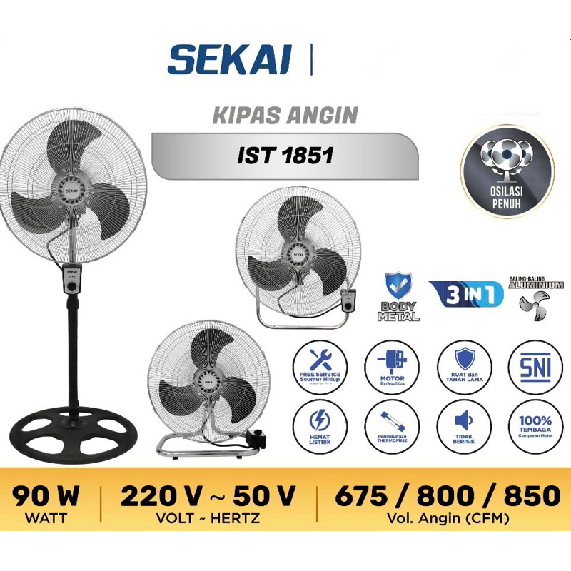 Stand Desk Wall Kipas Angin Berdiri Duduk Dinding 3 in 1 BESI SEKAI IST-1851 18in 18inch