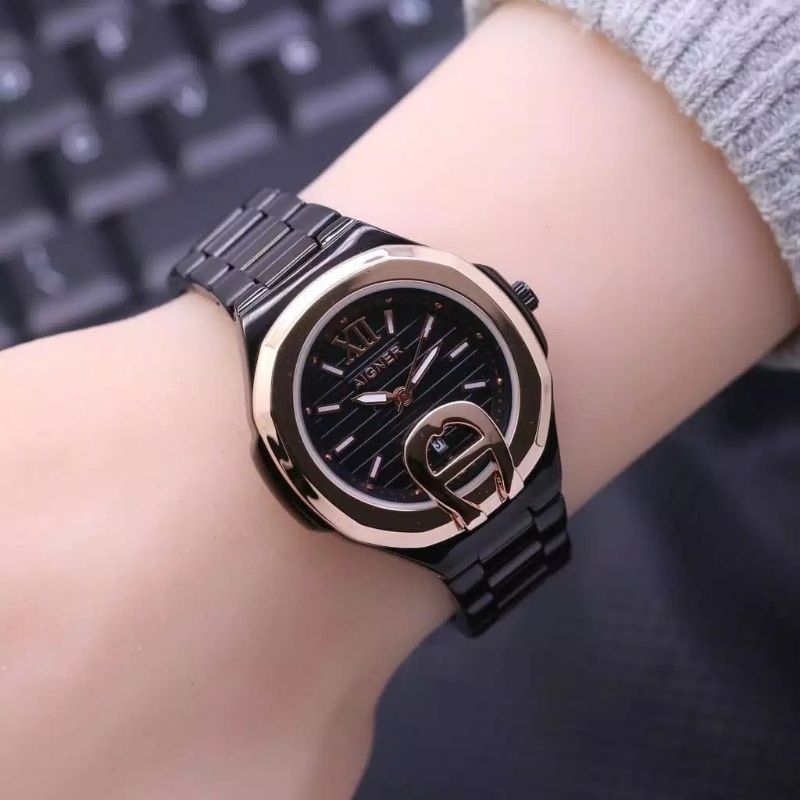 JAM TANGAN WANITA ELEGAN AIGNER PREMIUM WATCH BLACK ROSEGOLD