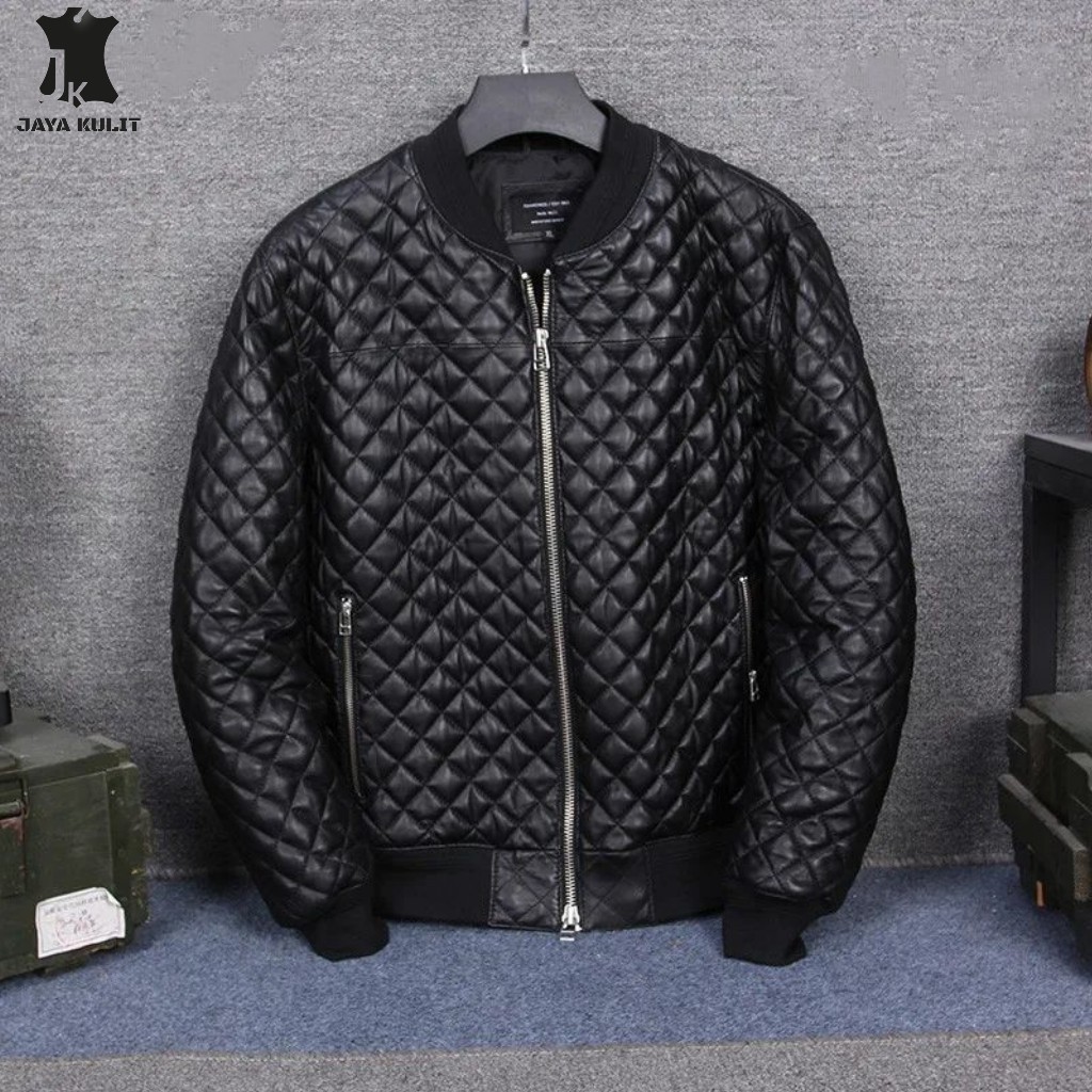 JAYA LEATHER Jaket Bomber Pria Kulit Asli / Men's Leather Jacket Bomber Pemium Quality.JK.3007 Hitam