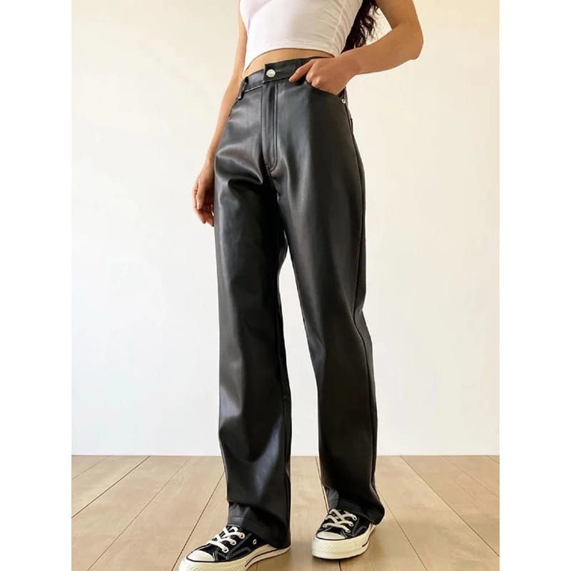 Celana Kulit Wanita / Celana Kulit PU Tabung Lurus