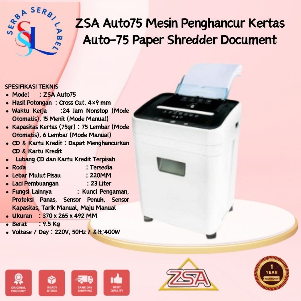 ZSA Auto75 Mesin Penghancur Kertas Auto-75 Paper Shredder Document