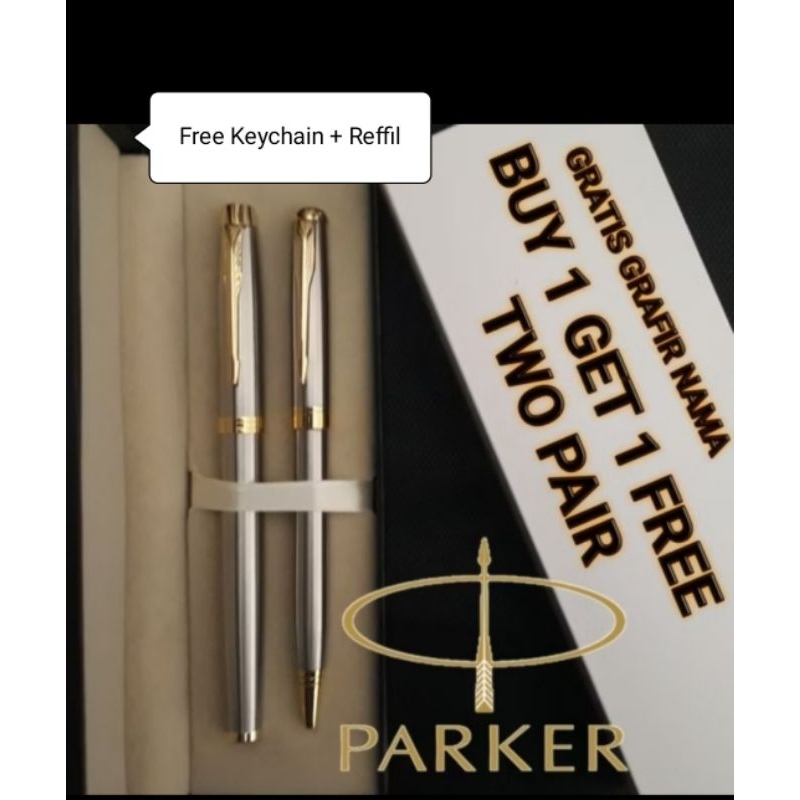 

New Promo Bulpoint Parker Mewah Stainless Gold RB & BP (2 pen) Free Keychain + Refill Grafir Nama/Logo + Box