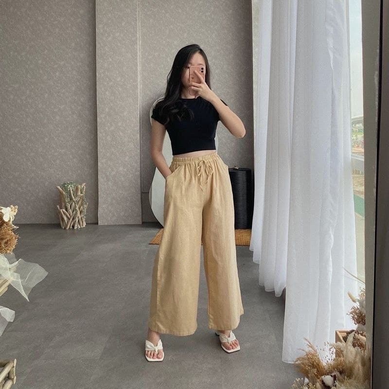 Celana Kulot Rayon Wanita Tali Panjang Kupu Highwaist Pinggang Karet Cullote
