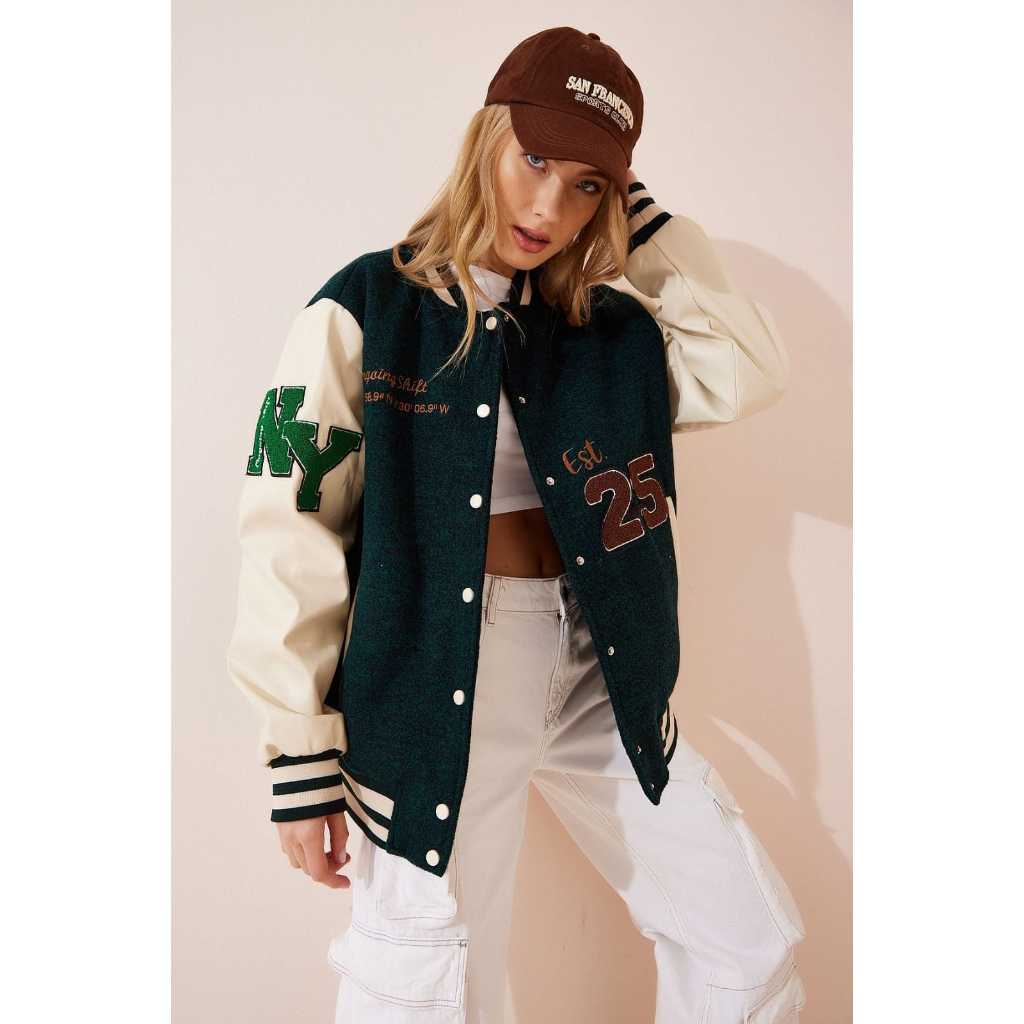 Zara Crystal Clear Cactus Varsity Jacket Green Tan Original ( Size M-L )