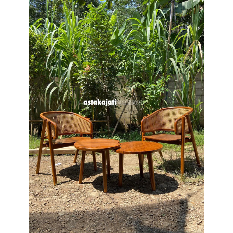 set teras kursi rotan kayu jati meja aesthetic