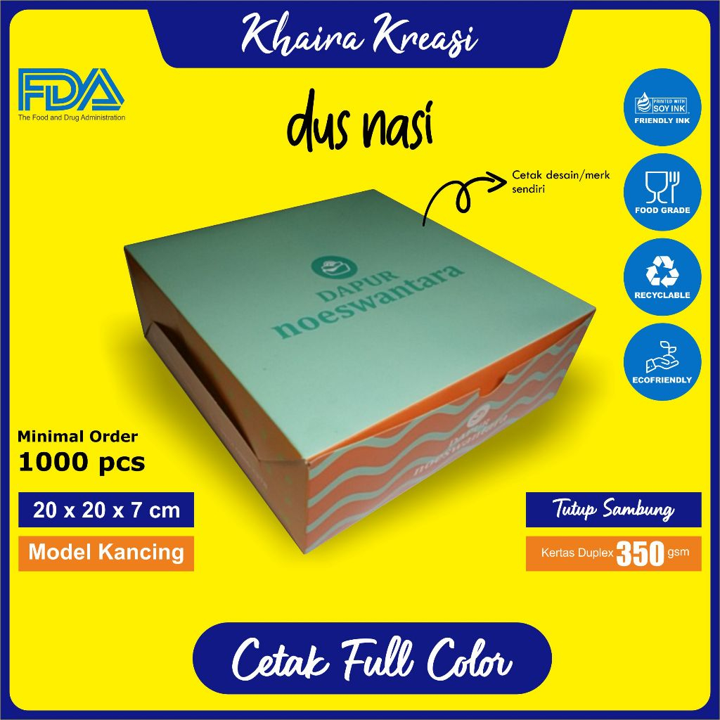 

Cetak Custom Dus Nasi / Dus Catering / Kotak Nasi / Ukuran 20x20x7 cm (Tutup Sambung) Minimal 1000 Pcs / cetak Full Color