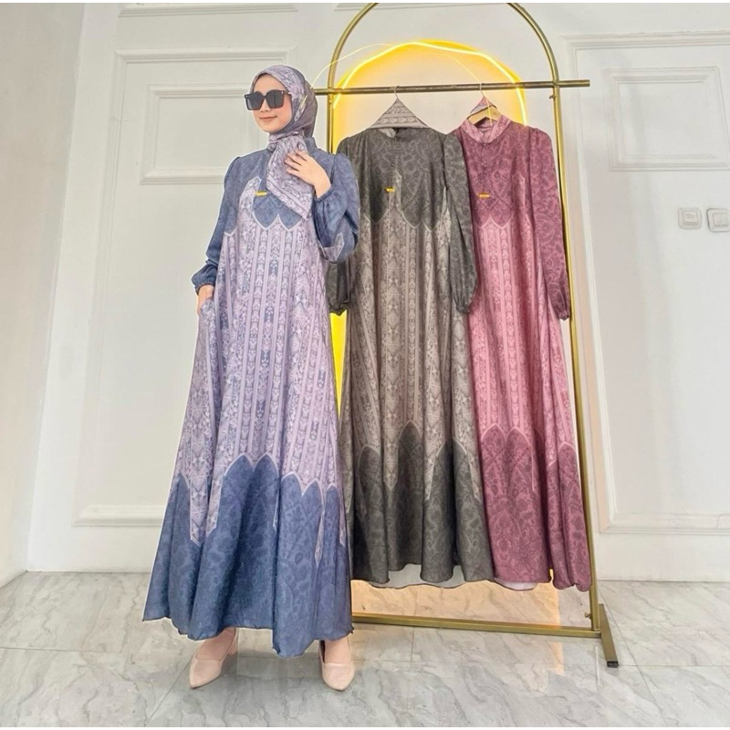 Gamis Armany silk brown digital motif MAYUNG CAMPUR set hijab