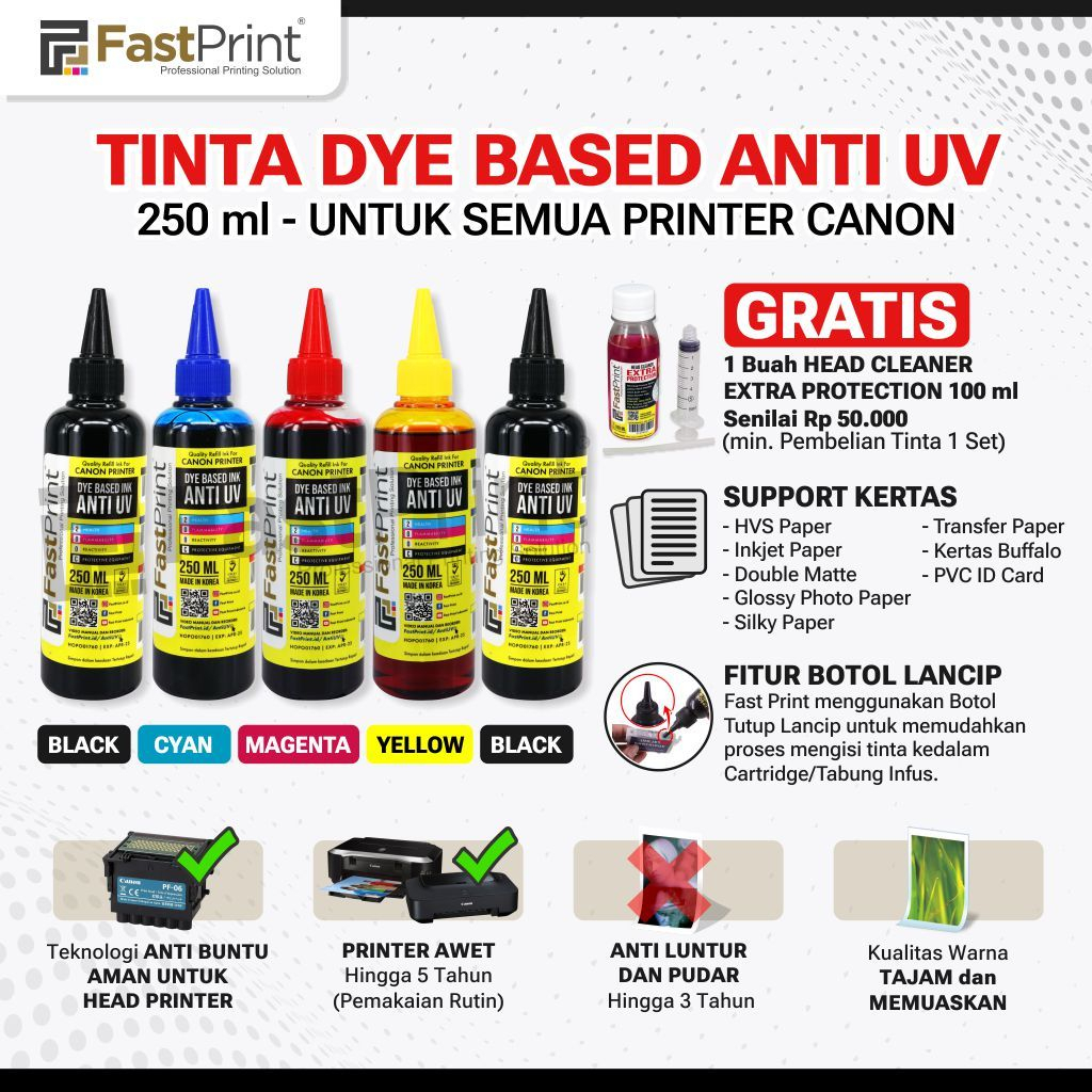Tinta Dye Based Anti UV 250ML Printer Canon 1 Set 5Warna
