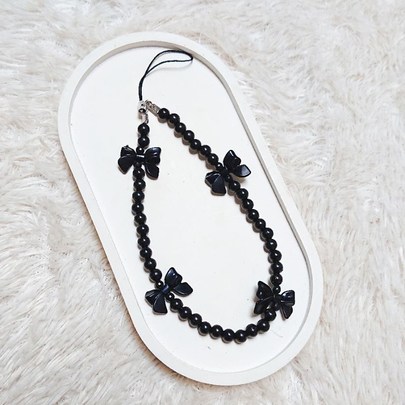Gantungan Hp Hitam Manik Manik Mutiara Hitam Pita Gantungan Tas Manik